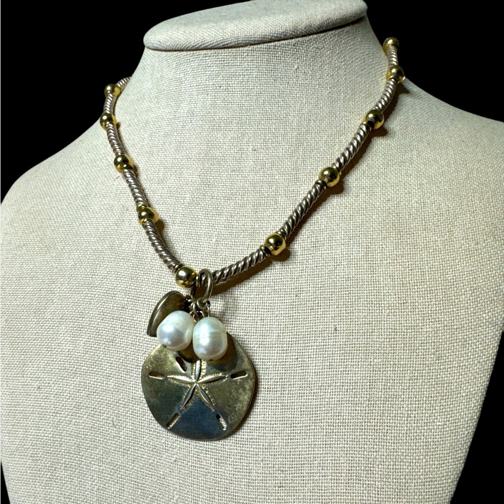 Napier Goldtone Necklace w/Sand Dollar and Faux pearl & Heart charm.(F-V)